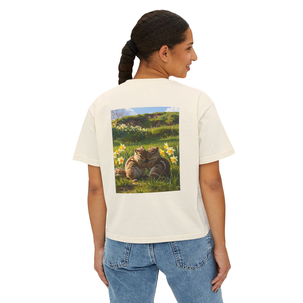 Cute Chipmunks Cuddle Tee — Cozy Spring Chipmunks' Graphic Women's Boxy Tee