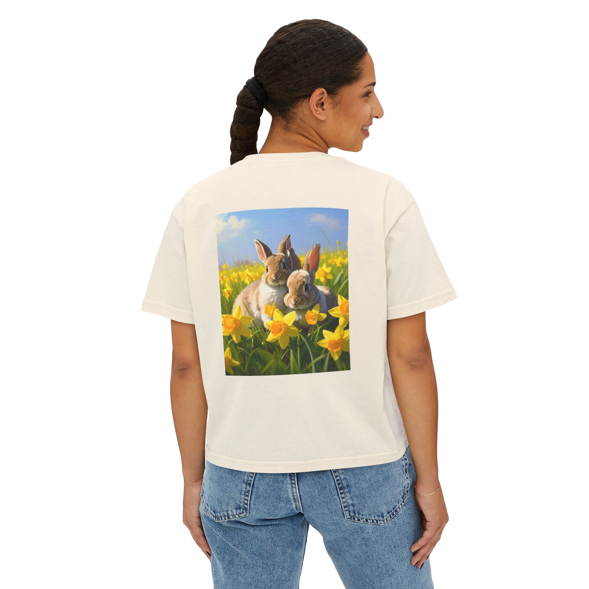 Bunny & Daffodils Women's Boxy Tee — Cute Spring Rabbit Graphic Shirt