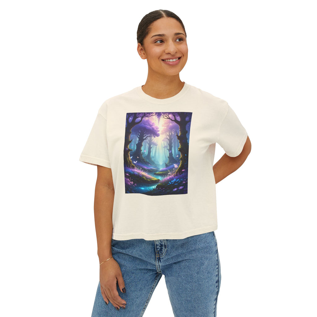 Mystical Forest Women's Boxy Tee — Enchanted Path Art Shirt