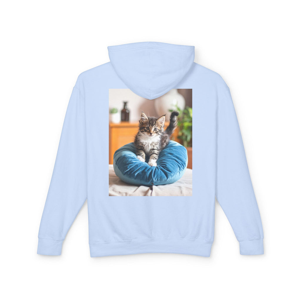 Kitten Photo Hoodie — Cozy Cat on Blue Cushion Pullover