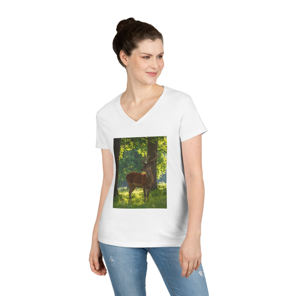 Deer in Sunlit Forest Ladies' V-Neck T‑Shirt
