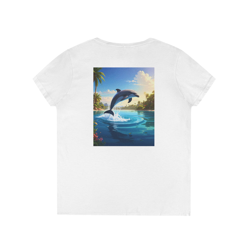 Dolphin Sunset Ladies' V-Neck T-Shirt — Tropical Ocean Jump Graphic Tee