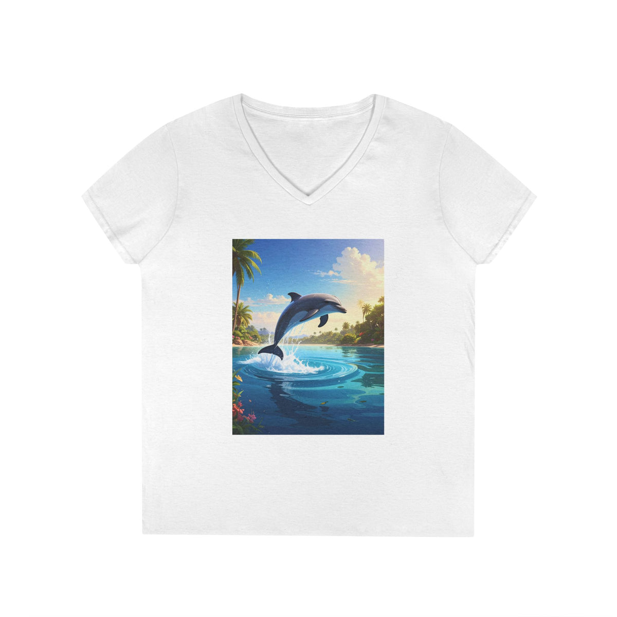 Dolphin Sunset Ladies' V-Neck T-Shirt — Tropical Ocean Jump Graphic Tee