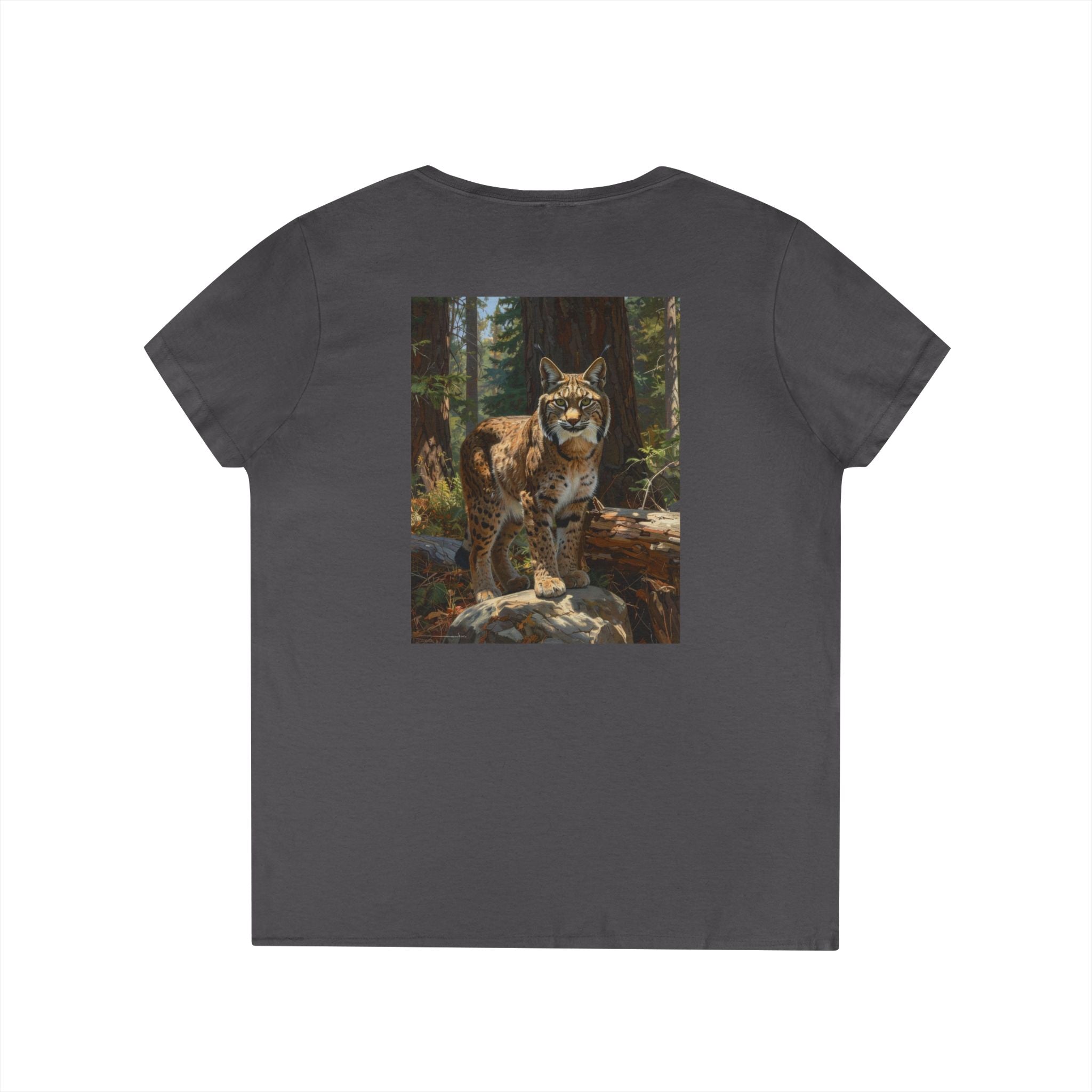 Women’s V-Neck T-Shirt — Vintage Mountain Bobcat Forest Art