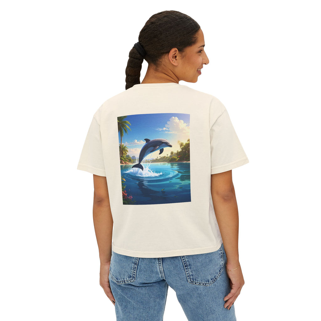 Dolphin Sunset Tee — Women's Boxy T‑Shirt, Tropical Ocean Jump Graphic