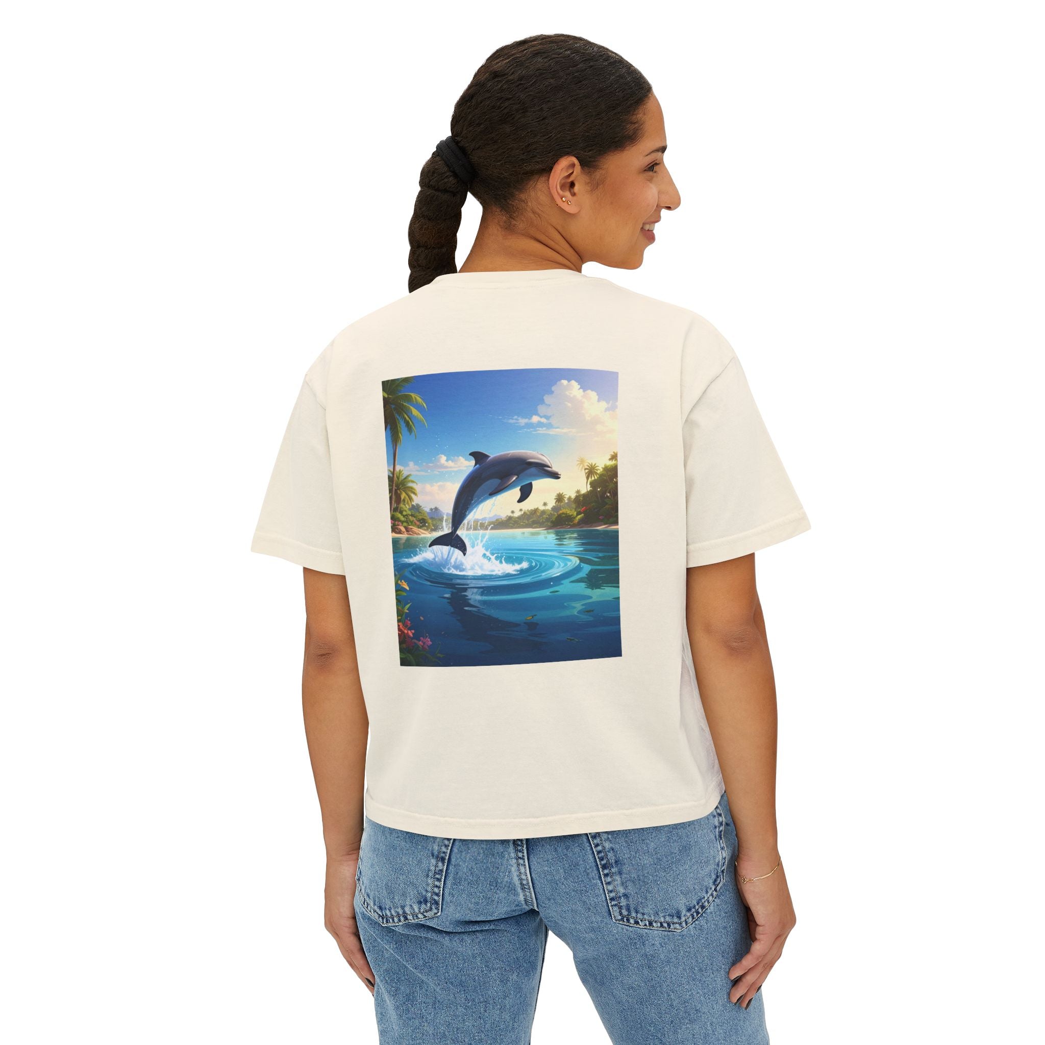 Dolphin Sunset Tee — Women's Boxy T‑Shirt, Tropical Ocean Jump Graphic