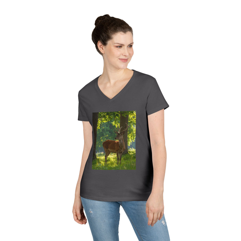 Deer in Sunlit Forest Ladies' V-Neck T‑Shirt