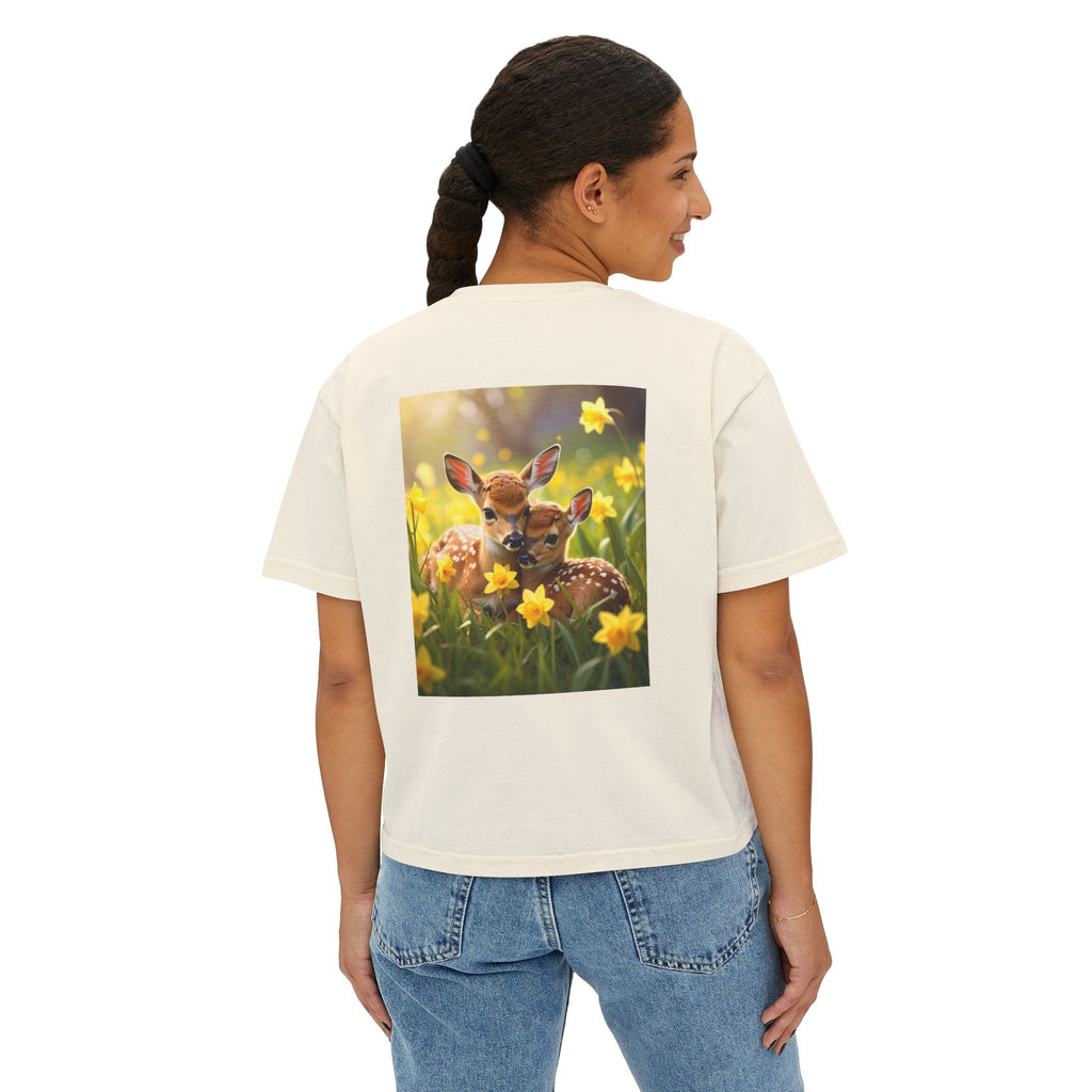 Deer Fawn & Daffodil Graphic Tee — Cute Spring Nature Women's Boxy T-Shirt