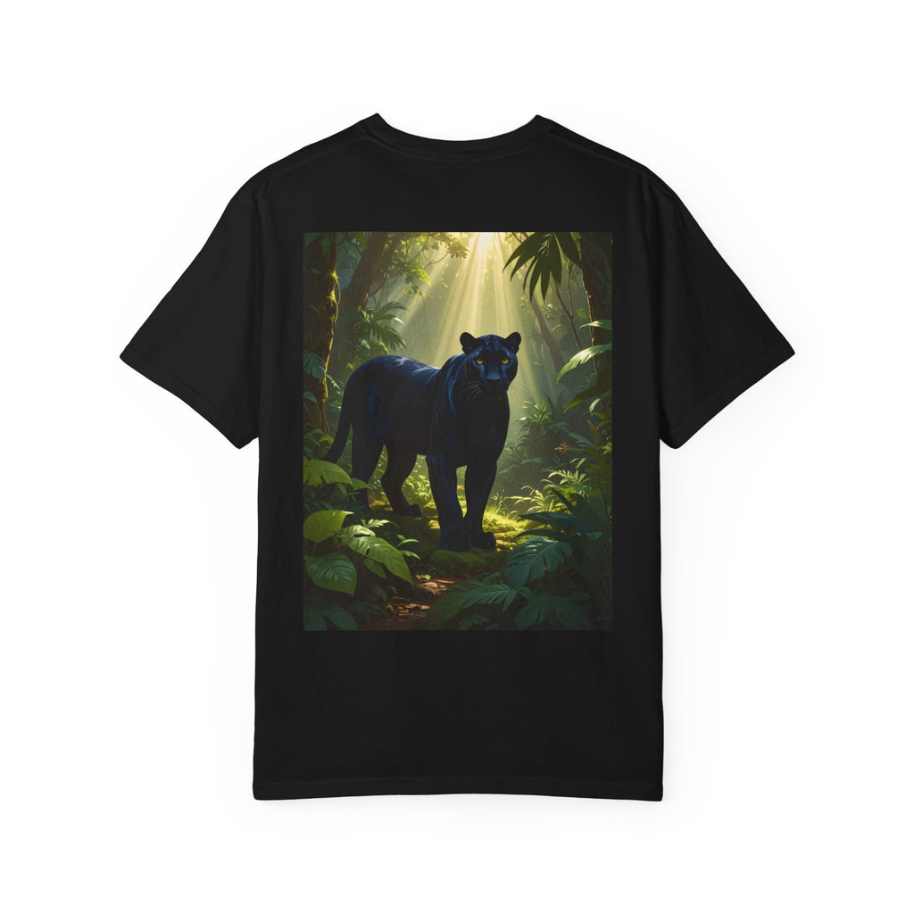Panther Jungle T‑Shirt — Black Panther in Sunlit Rainforest