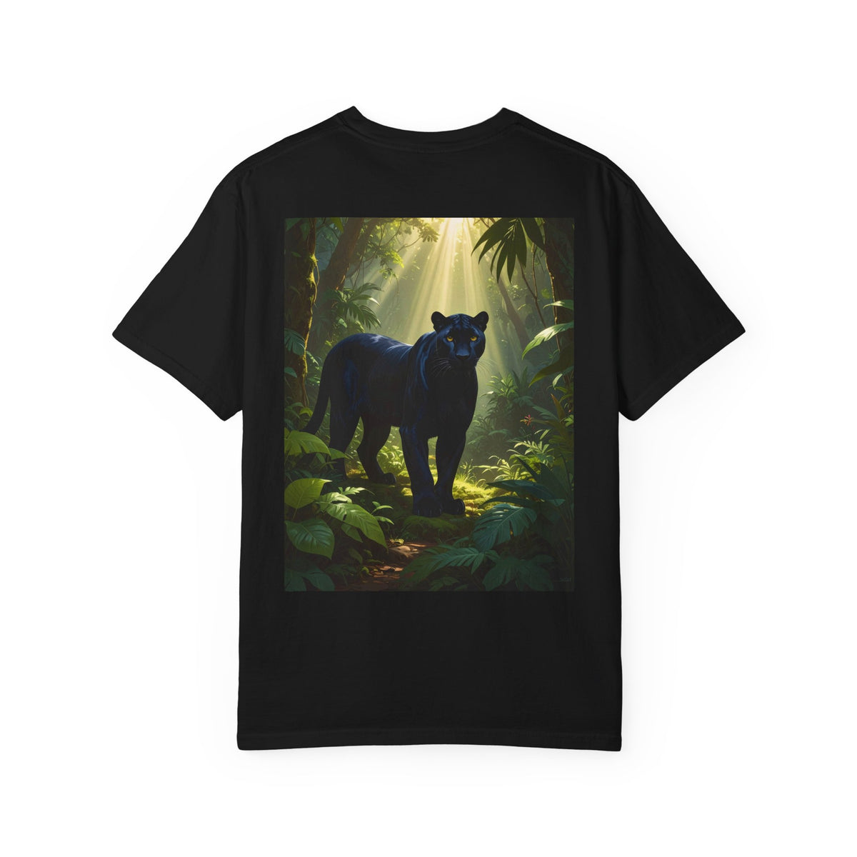 Panther Jungle T‑Shirt — Black Panther in Sunlit Rainforest