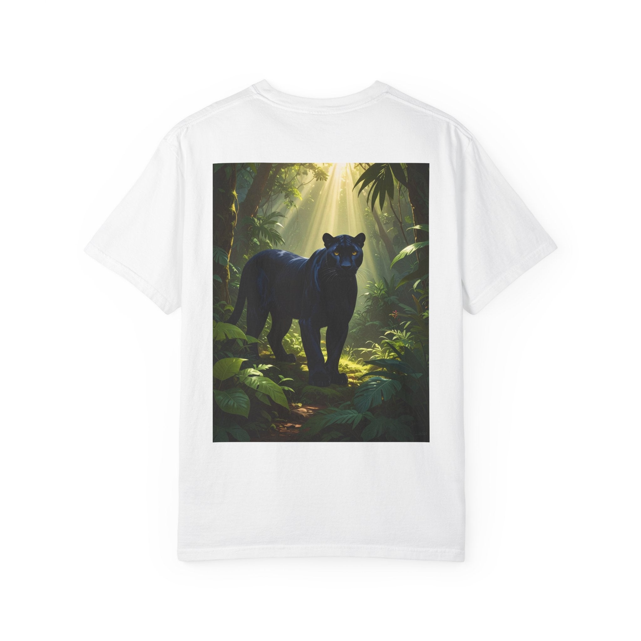 Panther Jungle T‑Shirt — Black Panther in Sunlit Rainforest