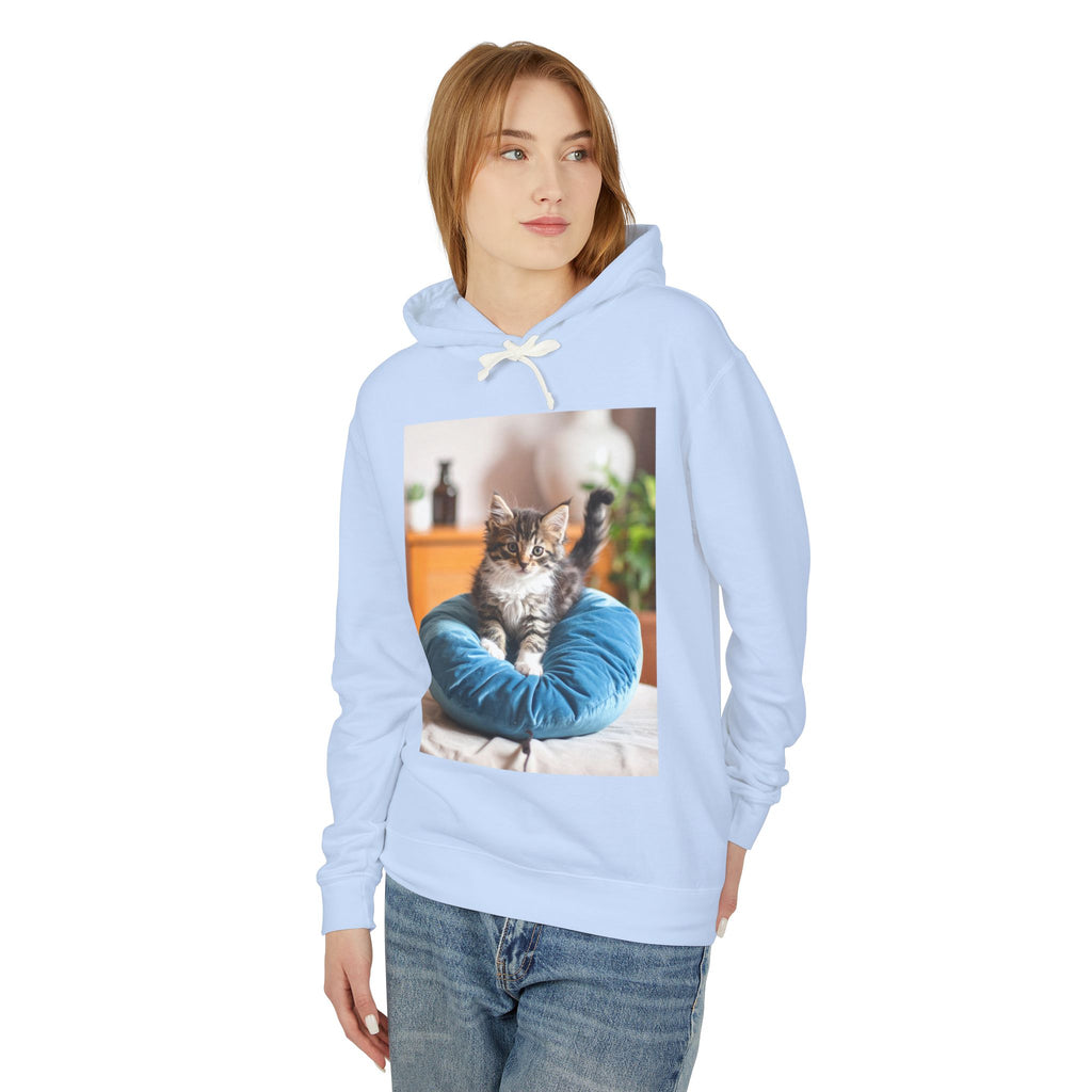 Kitten Photo Hoodie — Cozy Cat on Blue Cushion Pullover