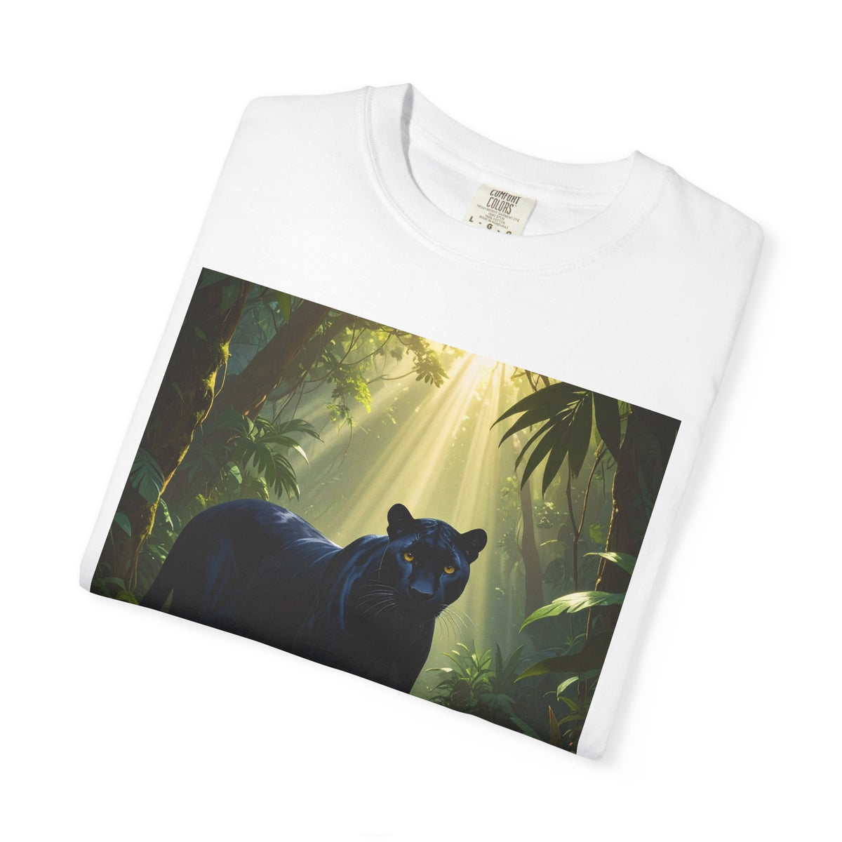 Panther Jungle T‑Shirt — Black Panther in Sunlit Rainforest