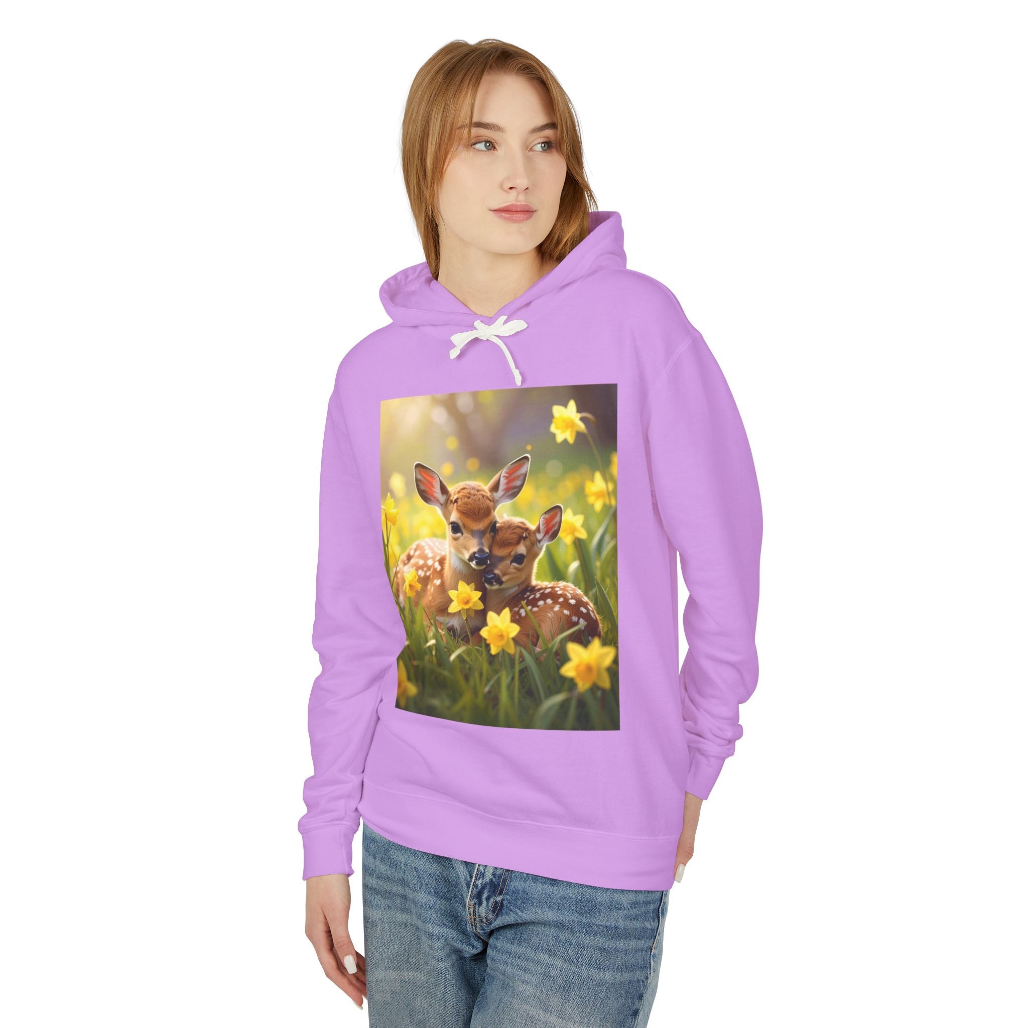 Deer Fawn Daffodil Hoodie — Cute Spring Animal Graphic Sweatshirt