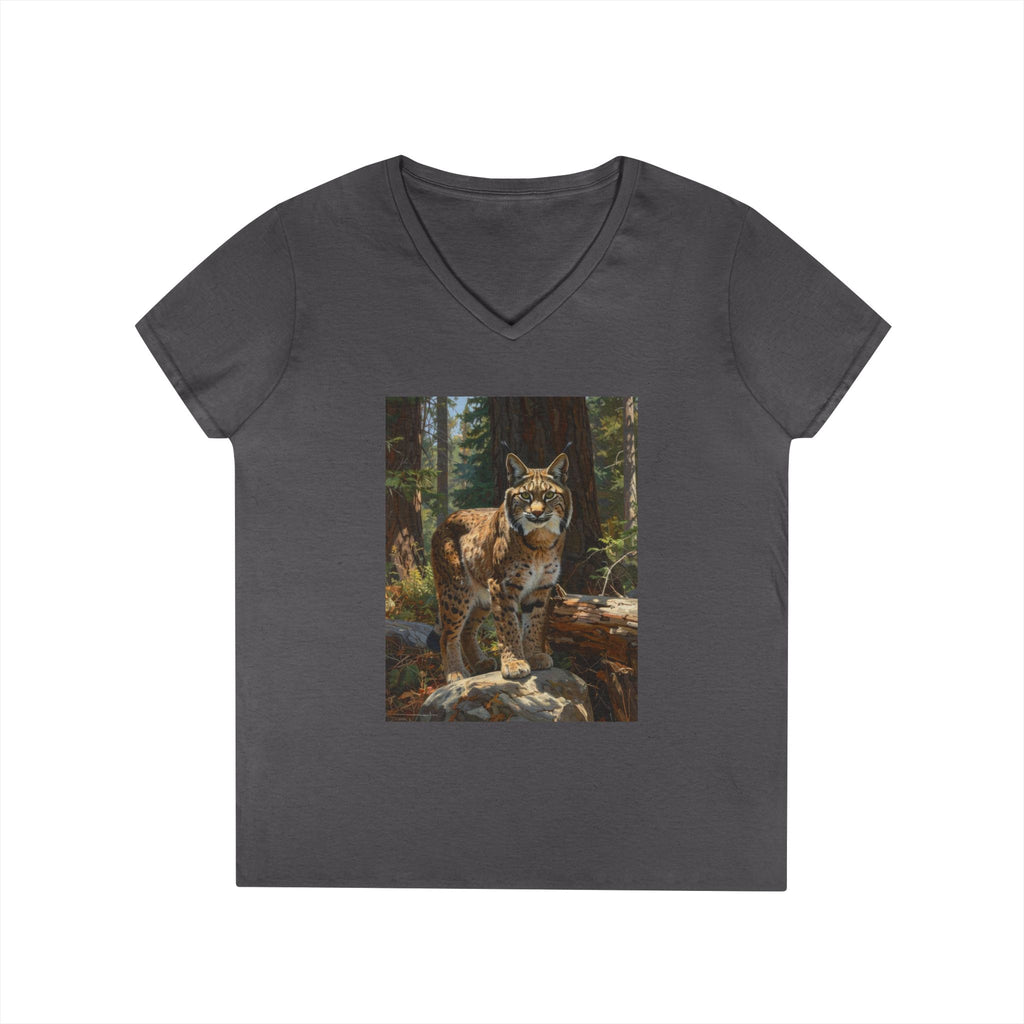 Women’s V-Neck T-Shirt — Vintage Mountain Bobcat Forest Art