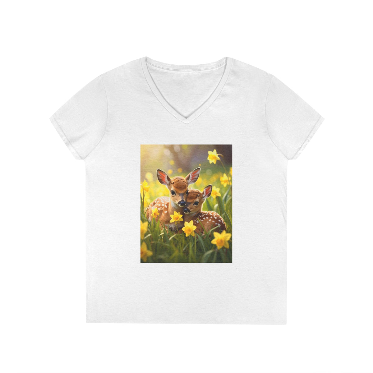 Spring Fawn V-Neck T-Shirt — Cute Baby Deer with Daffodils