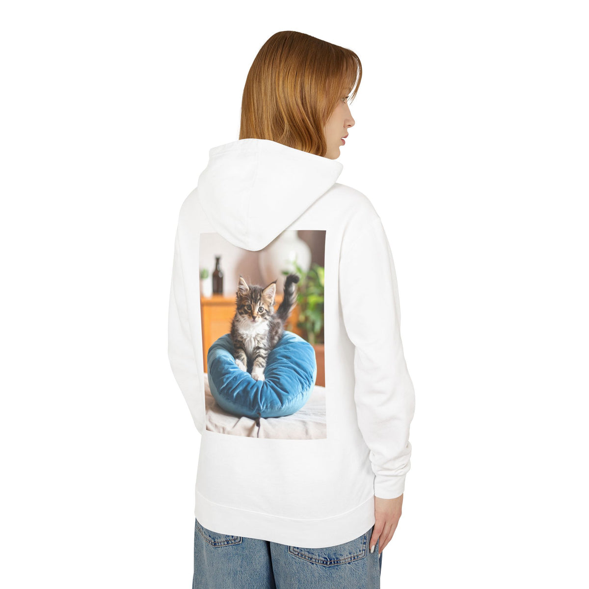 Kitten Photo Hoodie — Cozy Cat on Blue Cushion Pullover