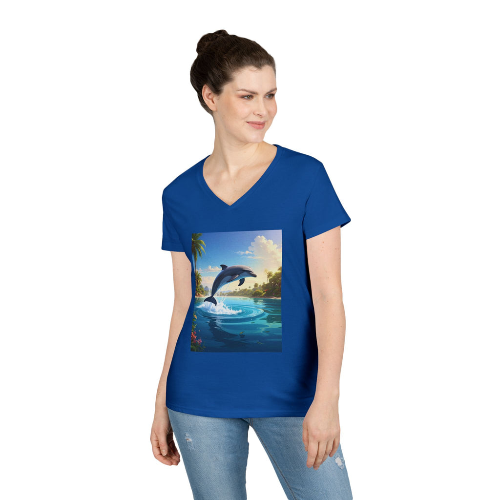 Dolphin Sunset Ladies' V-Neck T-Shirt — Tropical Ocean Jump Graphic Tee