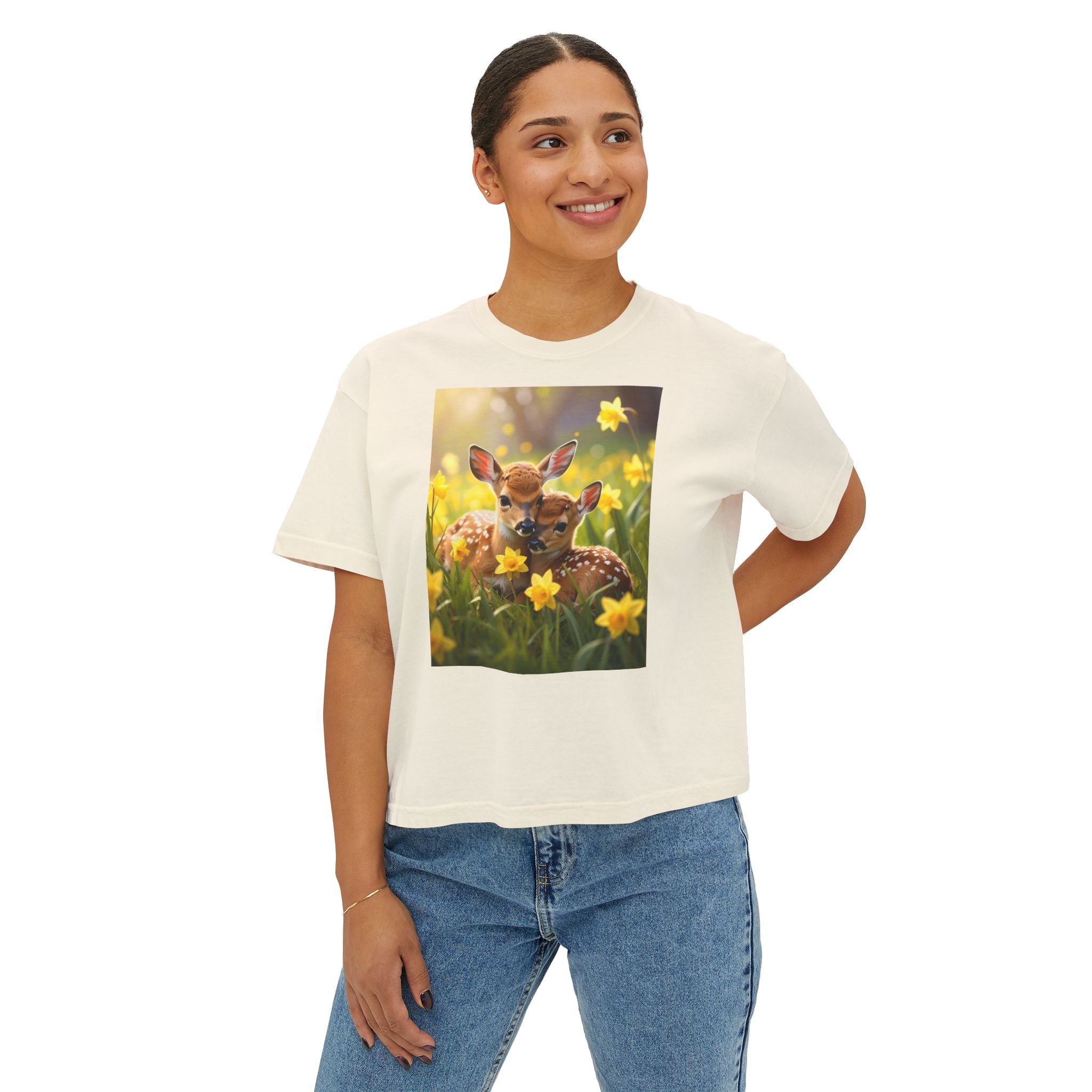 Deer Fawn & Daffodil Graphic Tee — Cute Spring Nature Women's Boxy T-Shirt