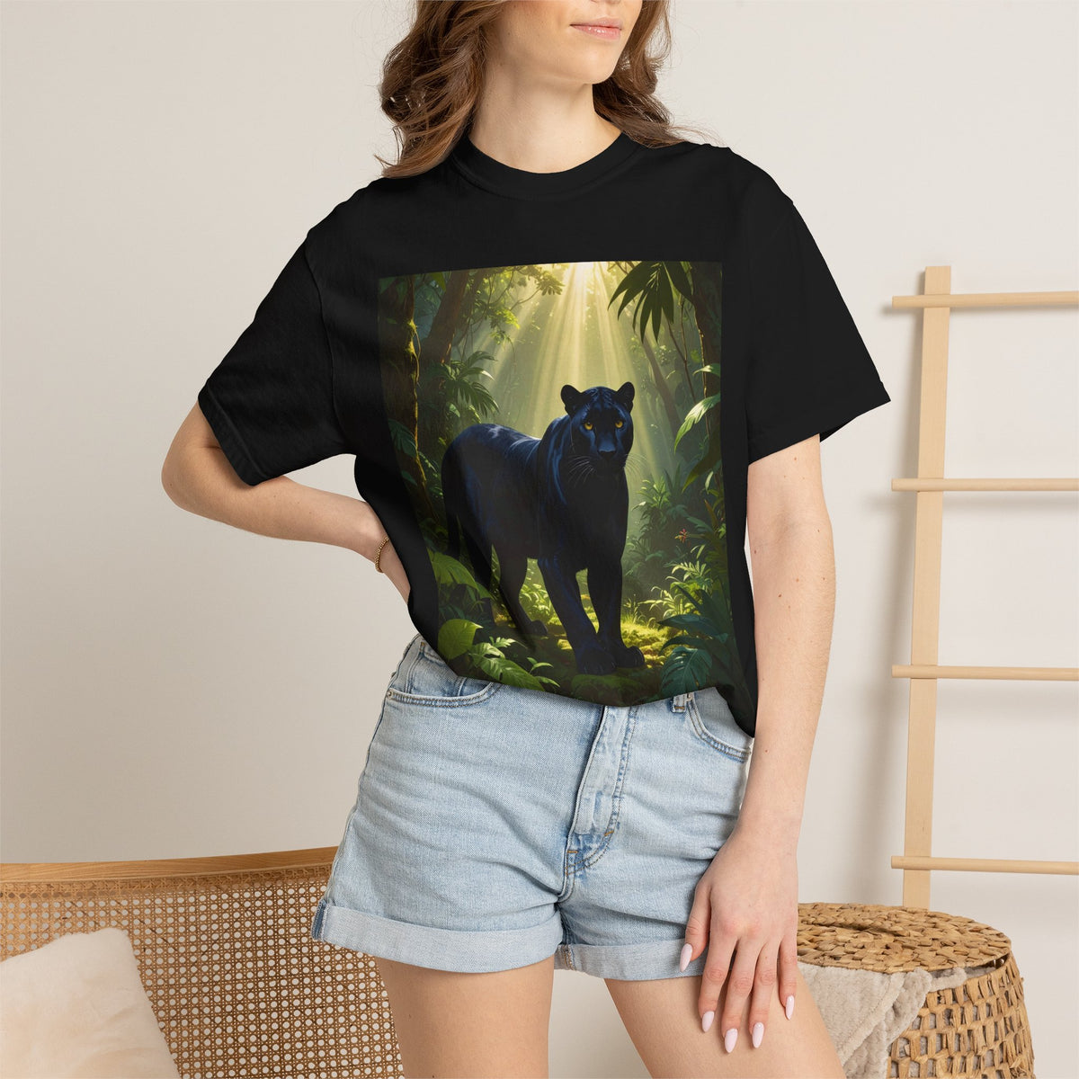 Panther Jungle T‑Shirt — Black Panther in Sunlit Rainforest