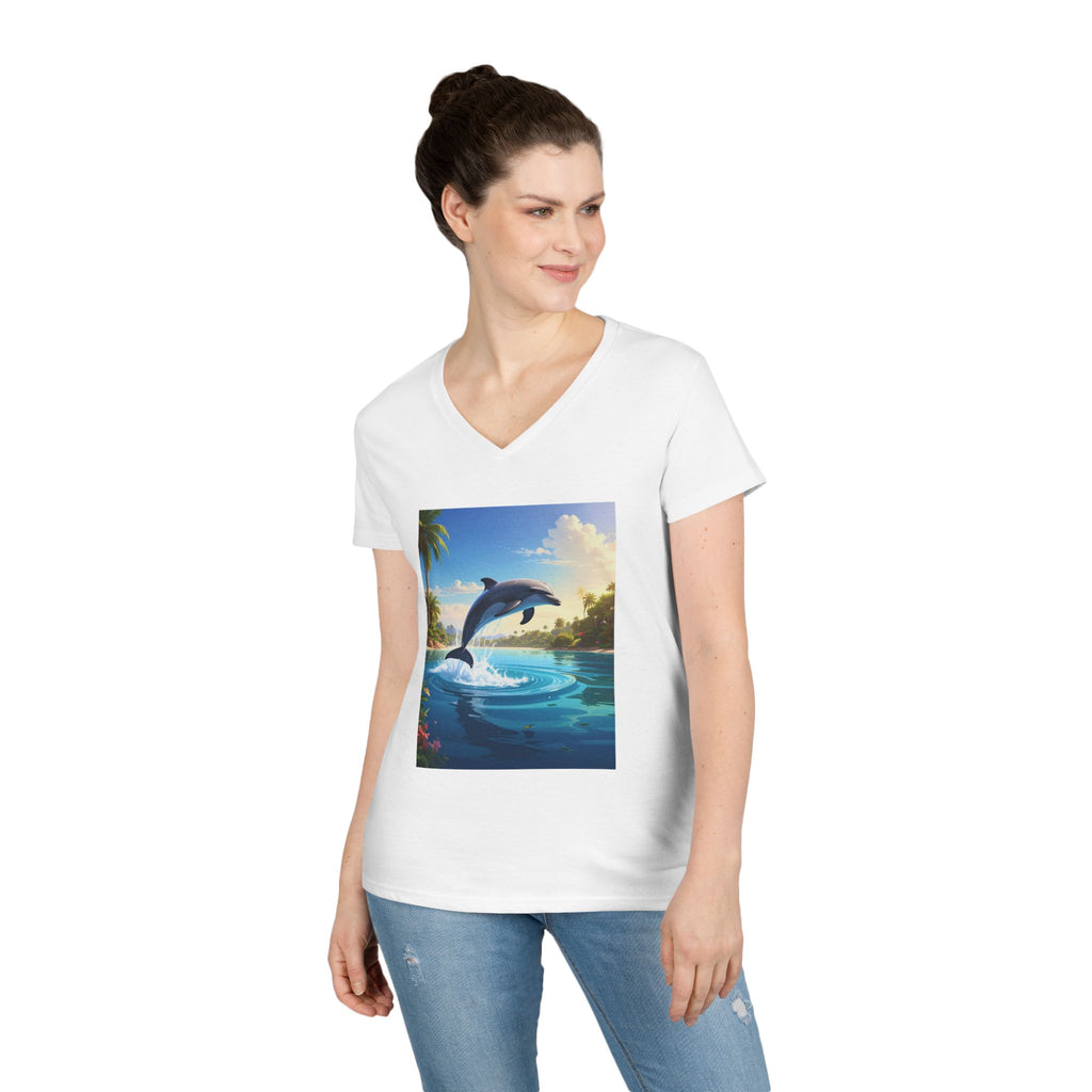 Dolphin Sunset Ladies' V-Neck T-Shirt — Tropical Ocean Jump Graphic Tee