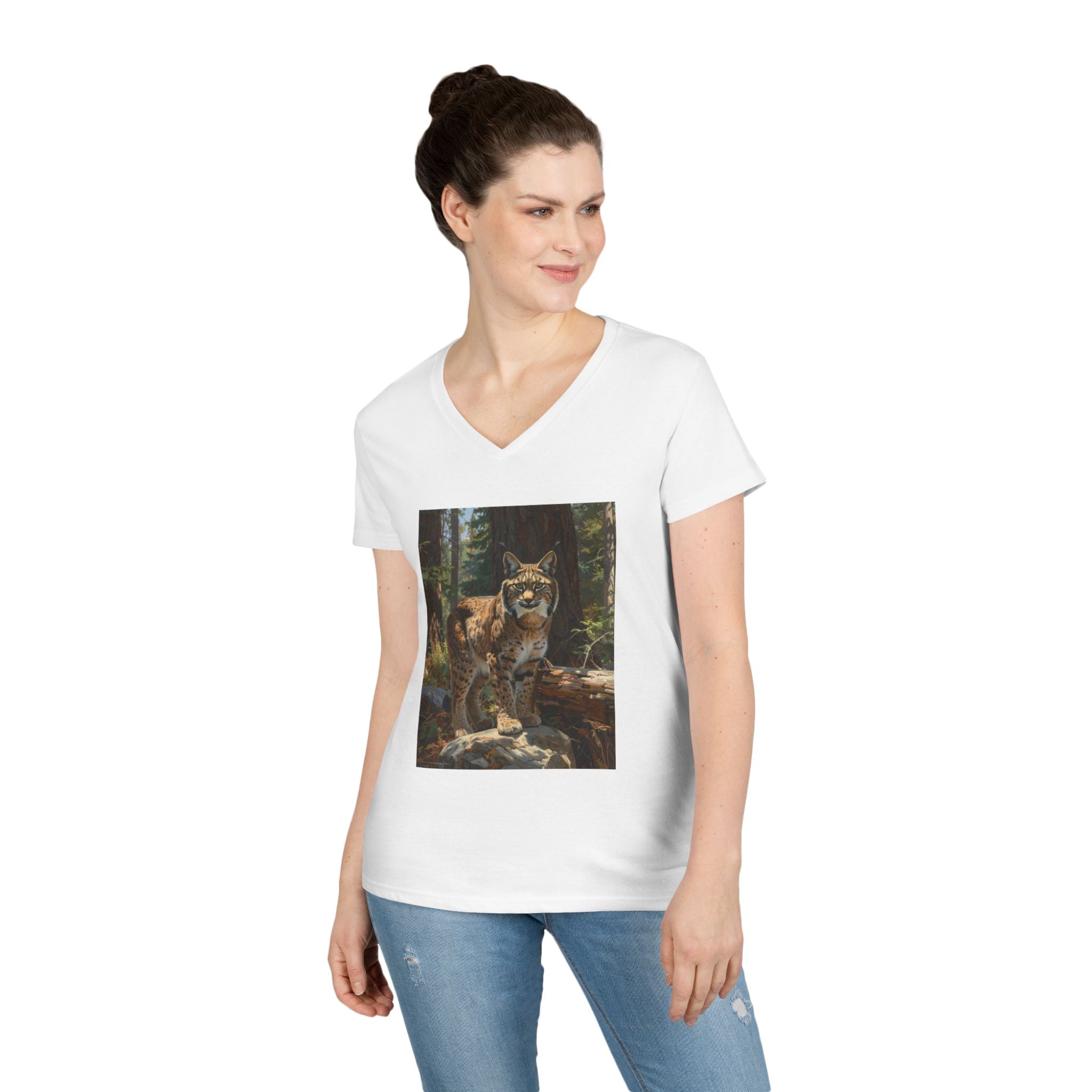 Women’s V-Neck T-Shirt — Vintage Mountain Bobcat Forest Art