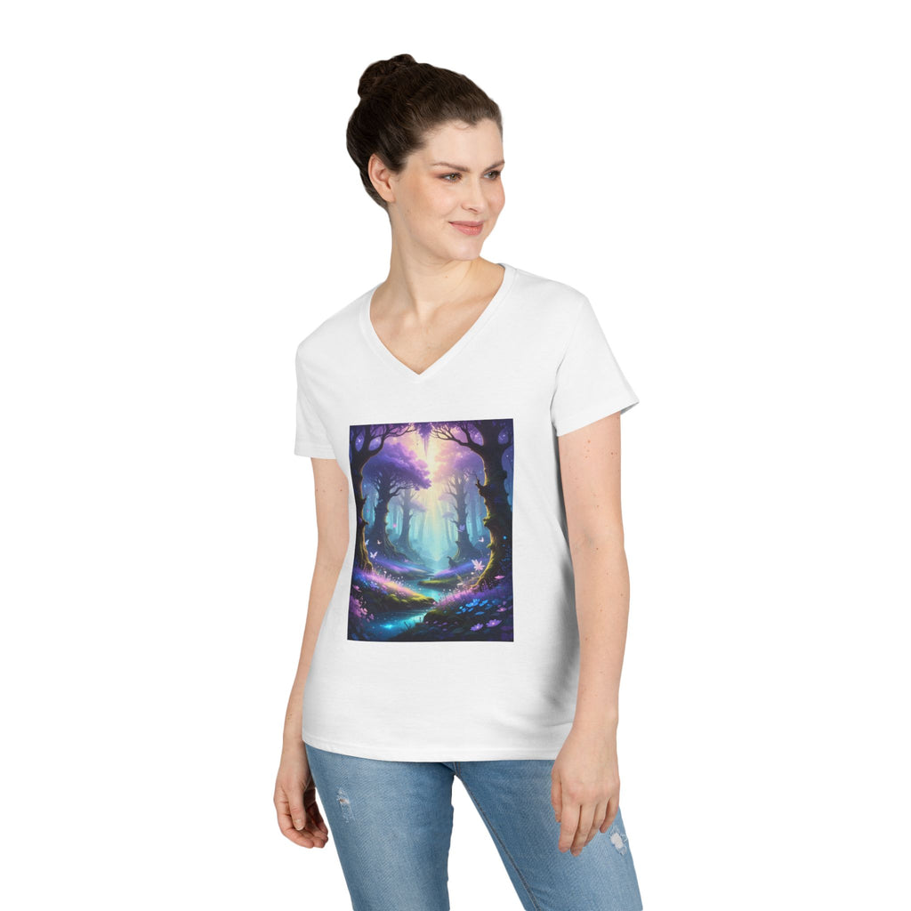Mystical Forest V-Neck Tee — Enchanted Pathway Graphic for Women