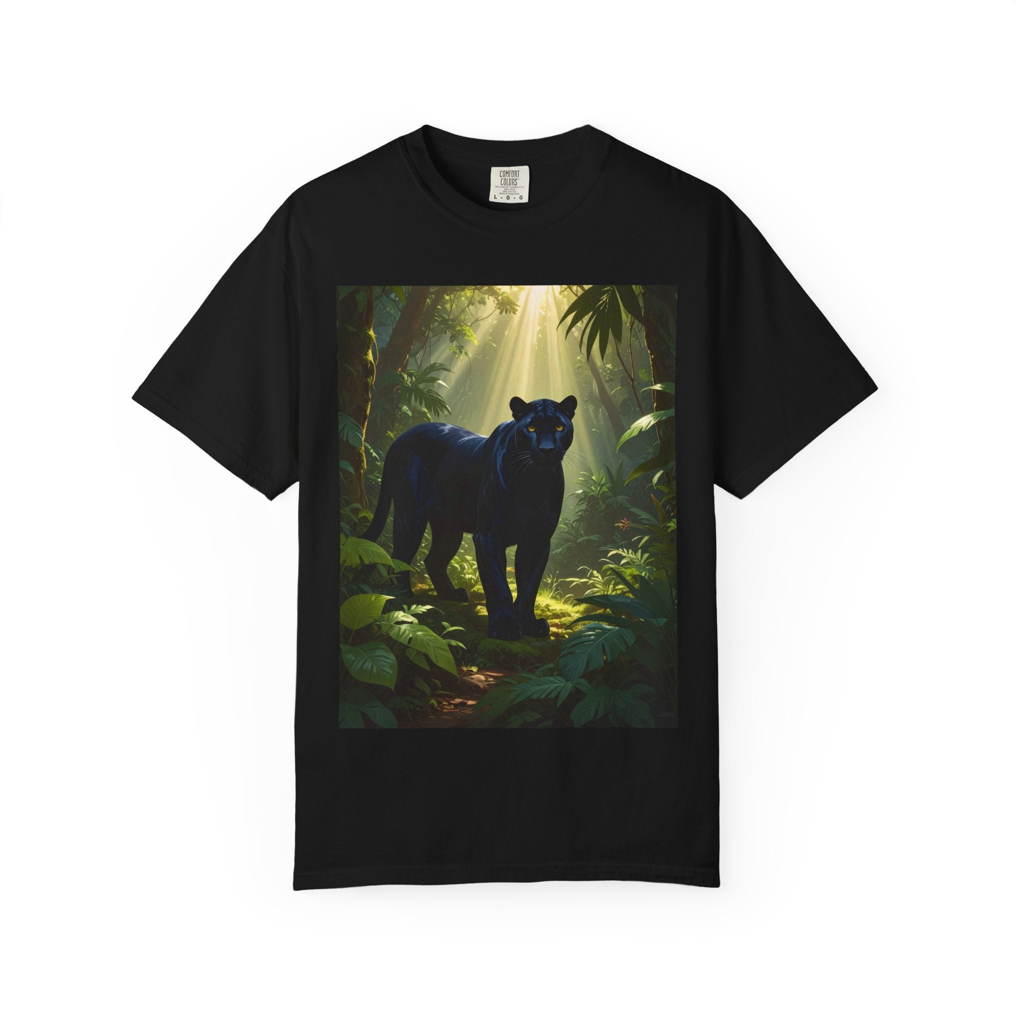 Panther Jungle T‑Shirt — Black Panther in Sunlit Rainforest