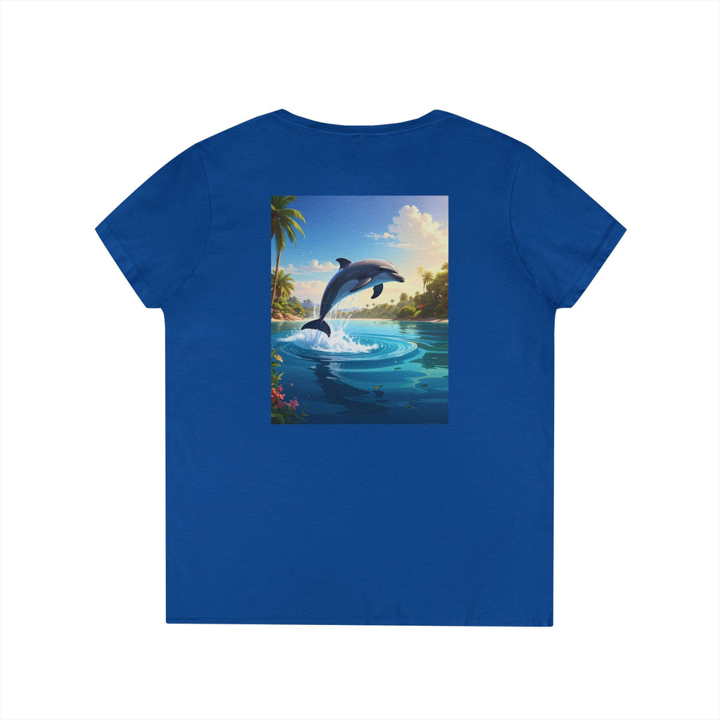 Dolphin Sunset Ladies' V-Neck T-Shirt — Tropical Ocean Jump Graphic Tee