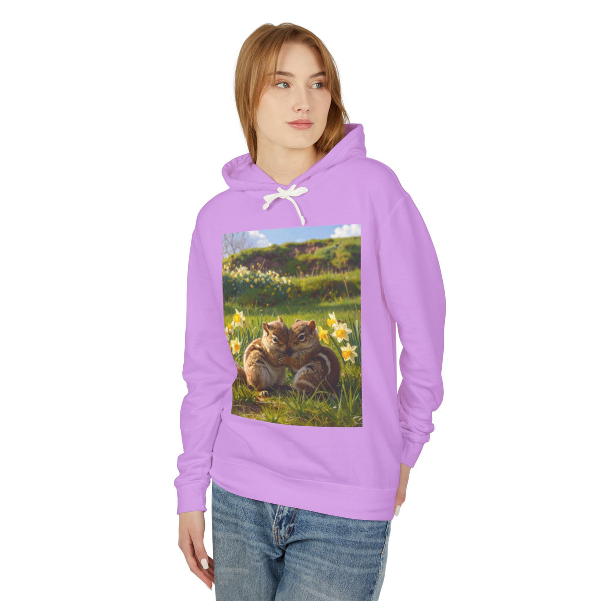 Chipmunks Cuddle Hoodie — Cute Chipmunks in Daffodil Field Lightweight Sweatshirt