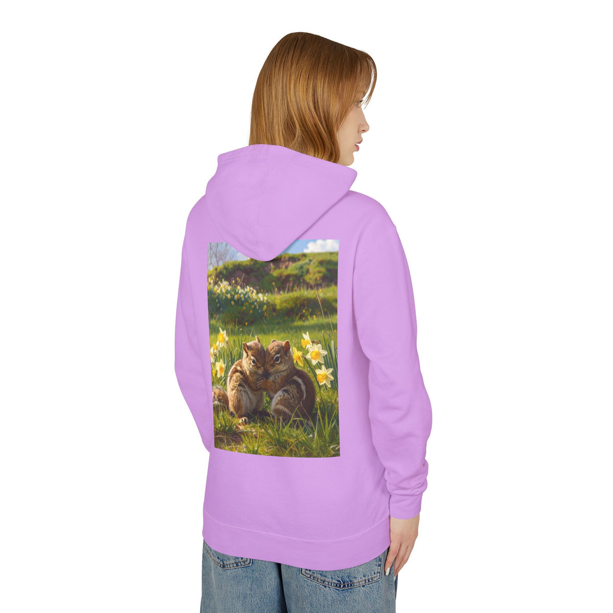 Chipmunks Cuddle Hoodie — Cute Chipmunks in Daffodil Field Lightweight Sweatshirt