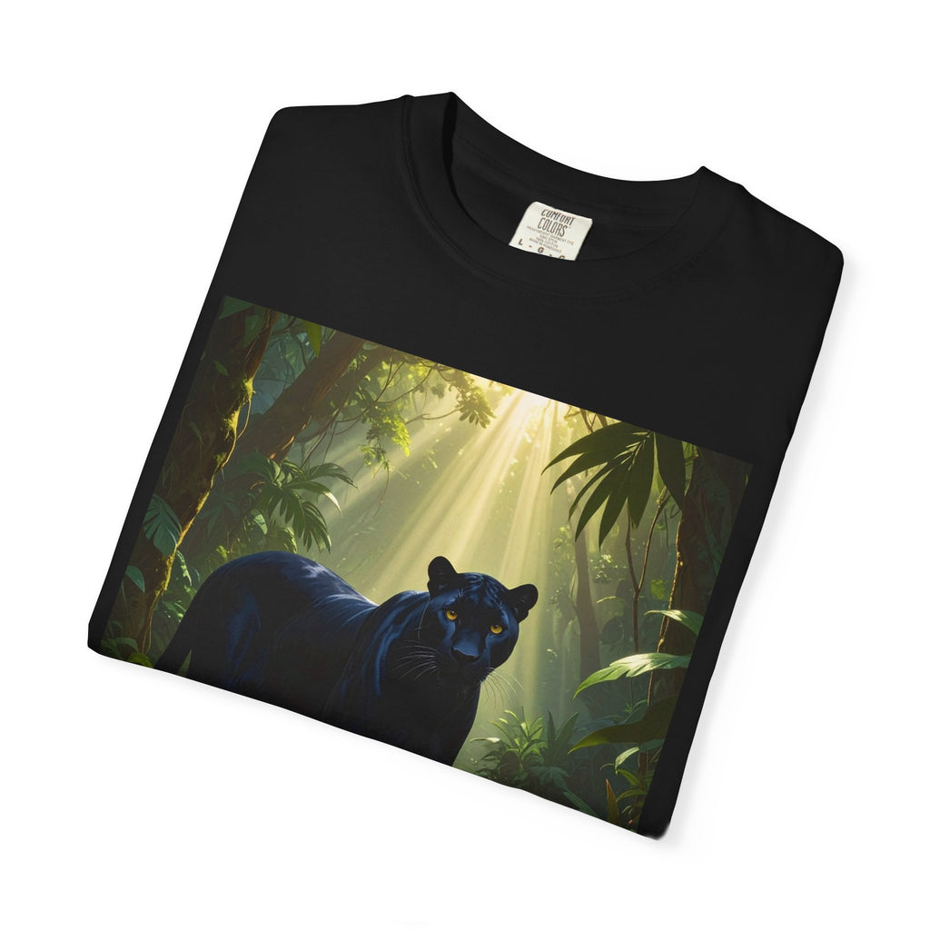 Panther Jungle T‑Shirt — Black Panther in Sunlit Rainforest