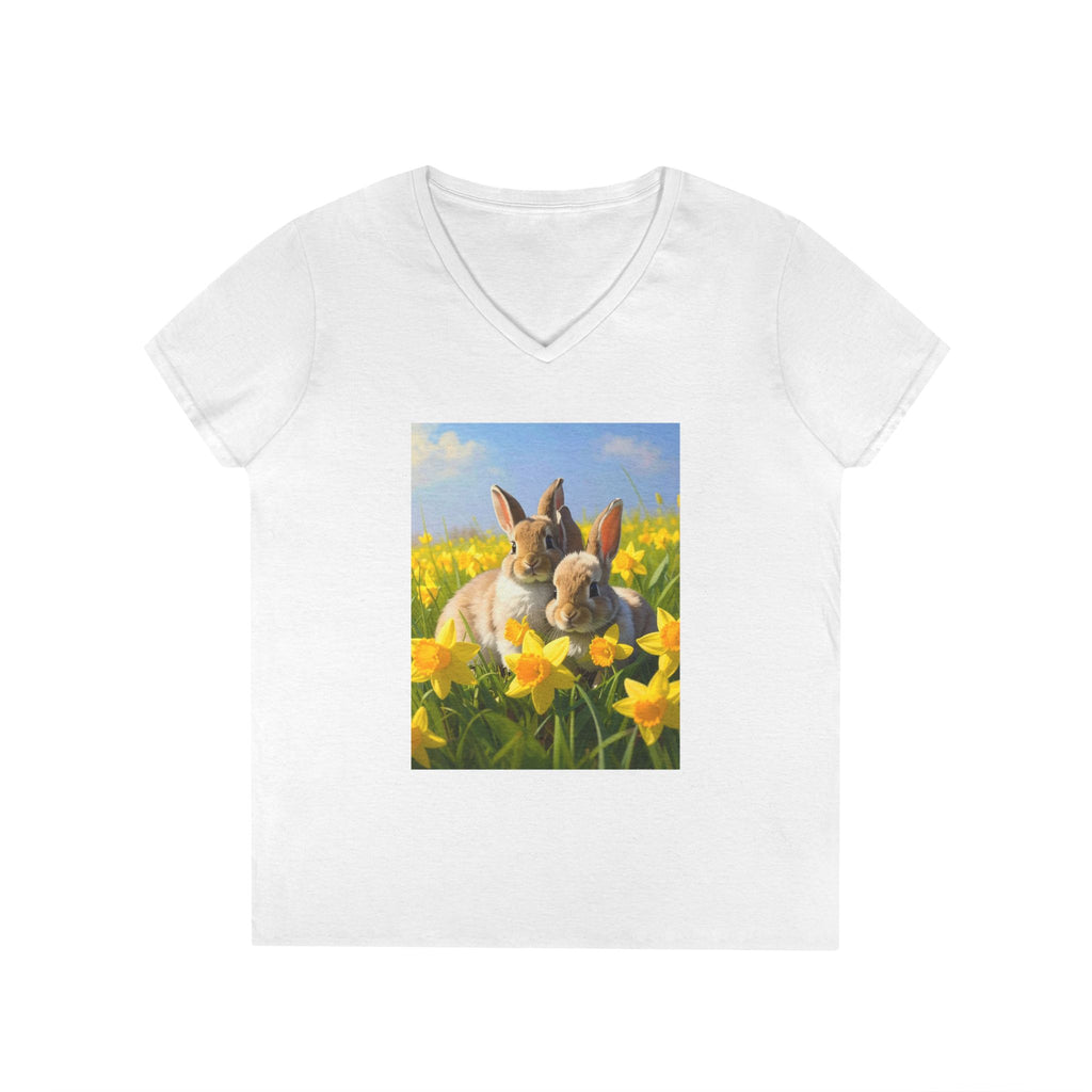 Spring Daffodil Bunnies V-Neck Tee