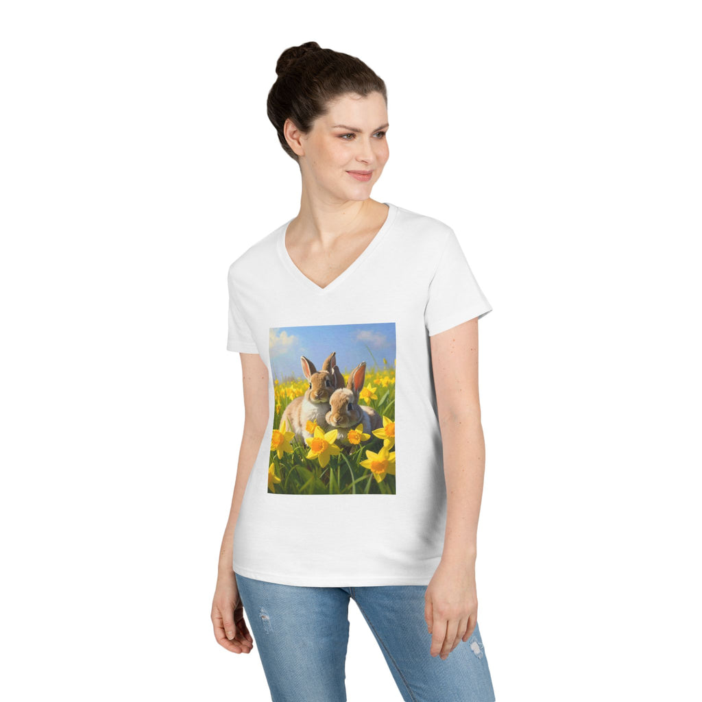 Spring Daffodil Bunnies V-Neck Tee