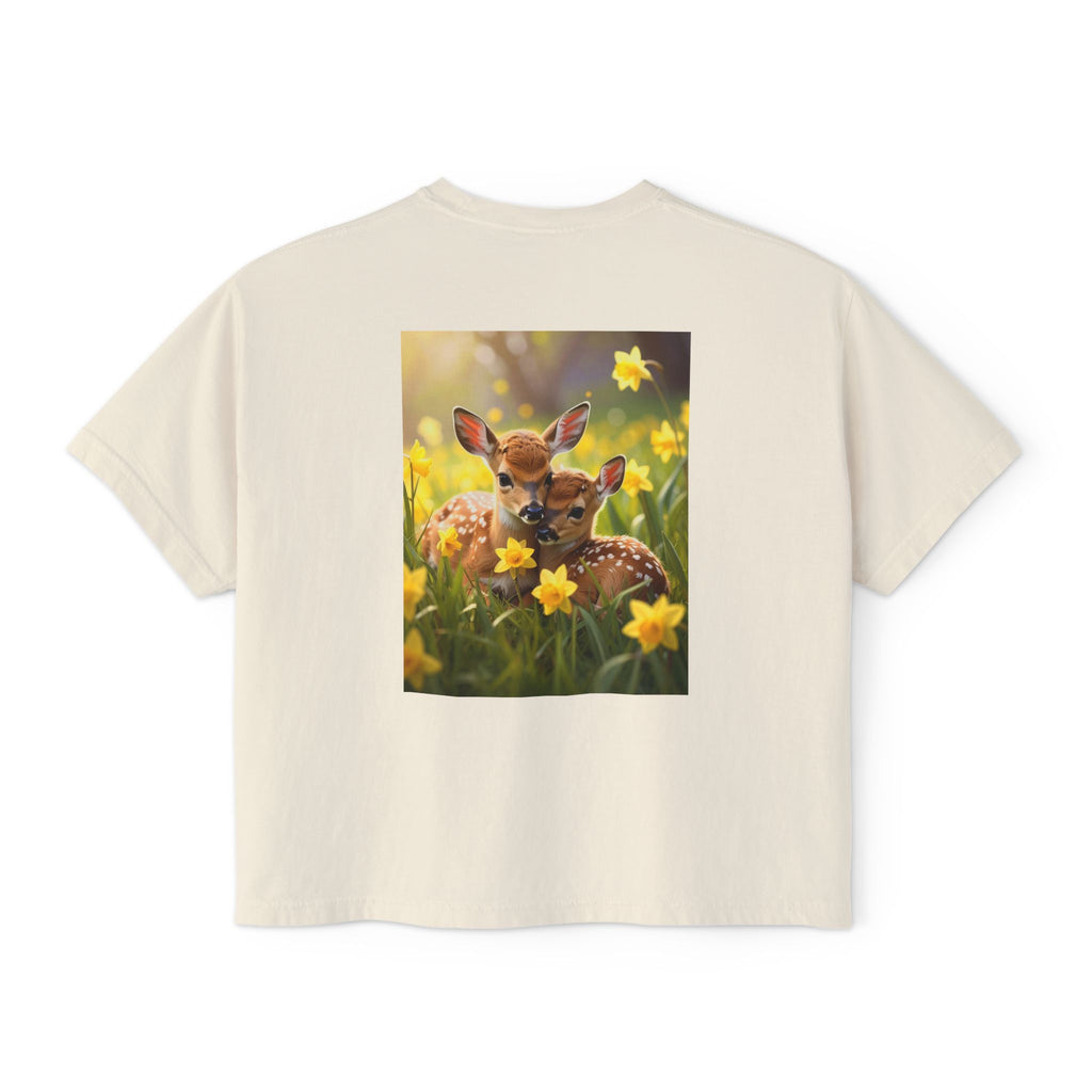 Deer Fawn & Daffodil Graphic Tee — Cute Spring Nature Women's Boxy T-Shirt