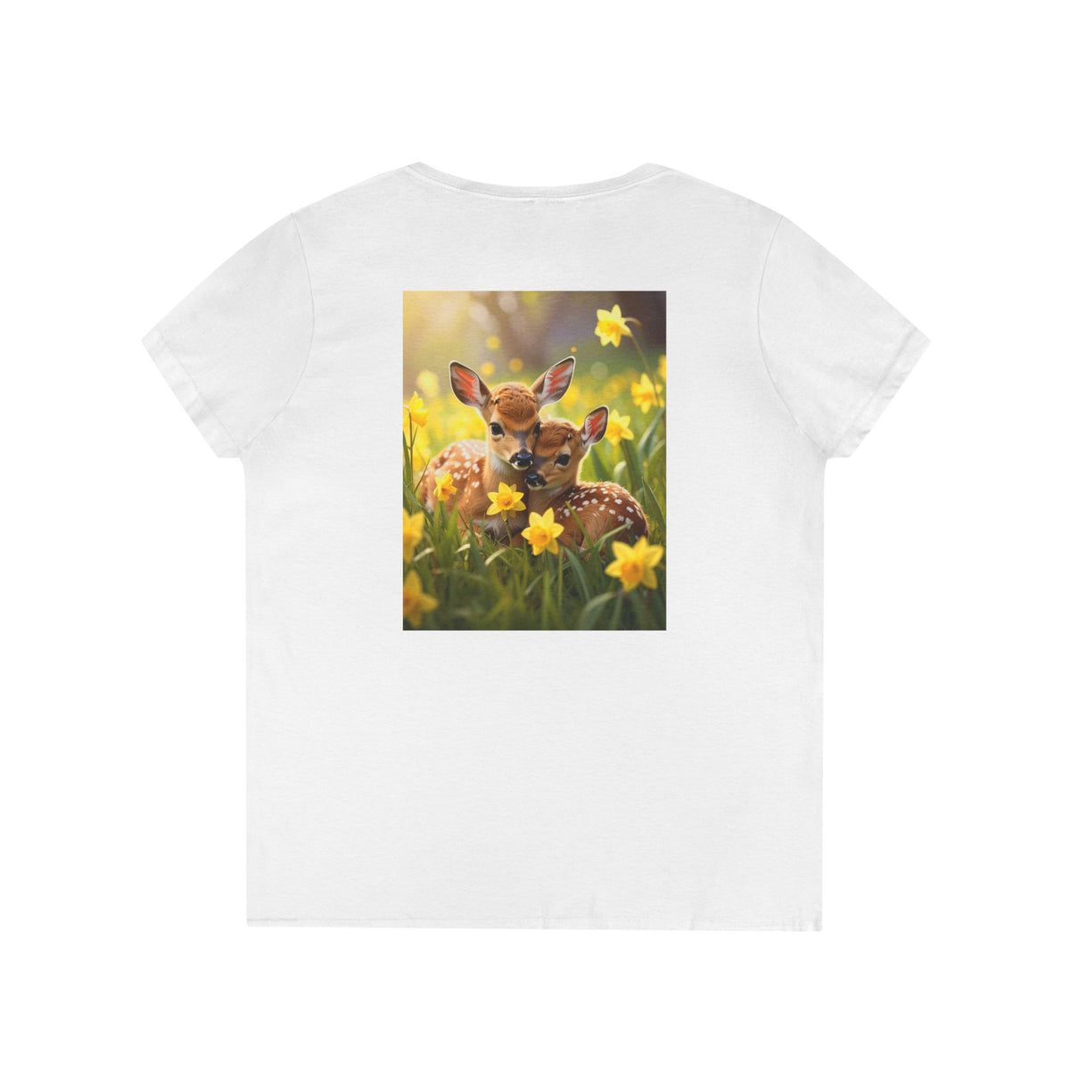Spring Fawn V-Neck T-Shirt — Cute Baby Deer with Daffodils
