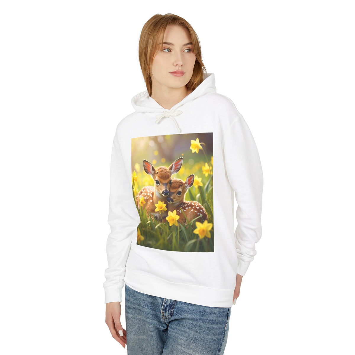 Deer Fawn Daffodil Hoodie — Cute Spring Animal Graphic Sweatshirt