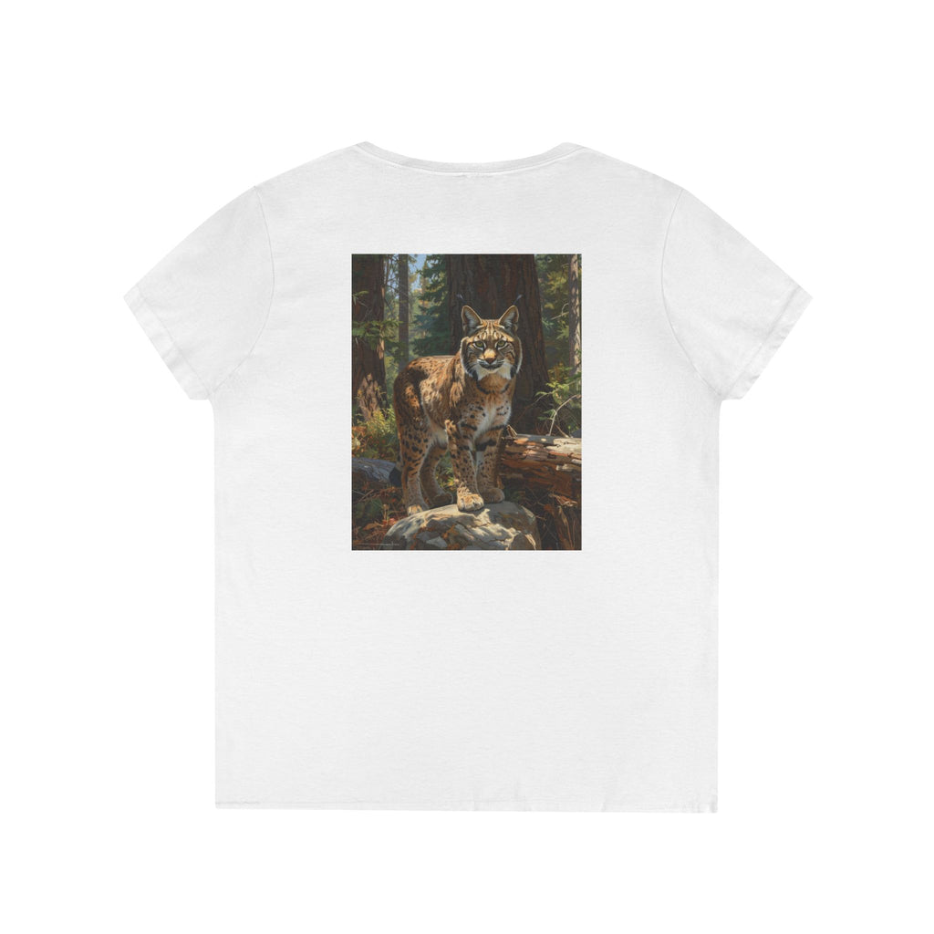 Women’s V-Neck T-Shirt — Vintage Mountain Bobcat Forest Art