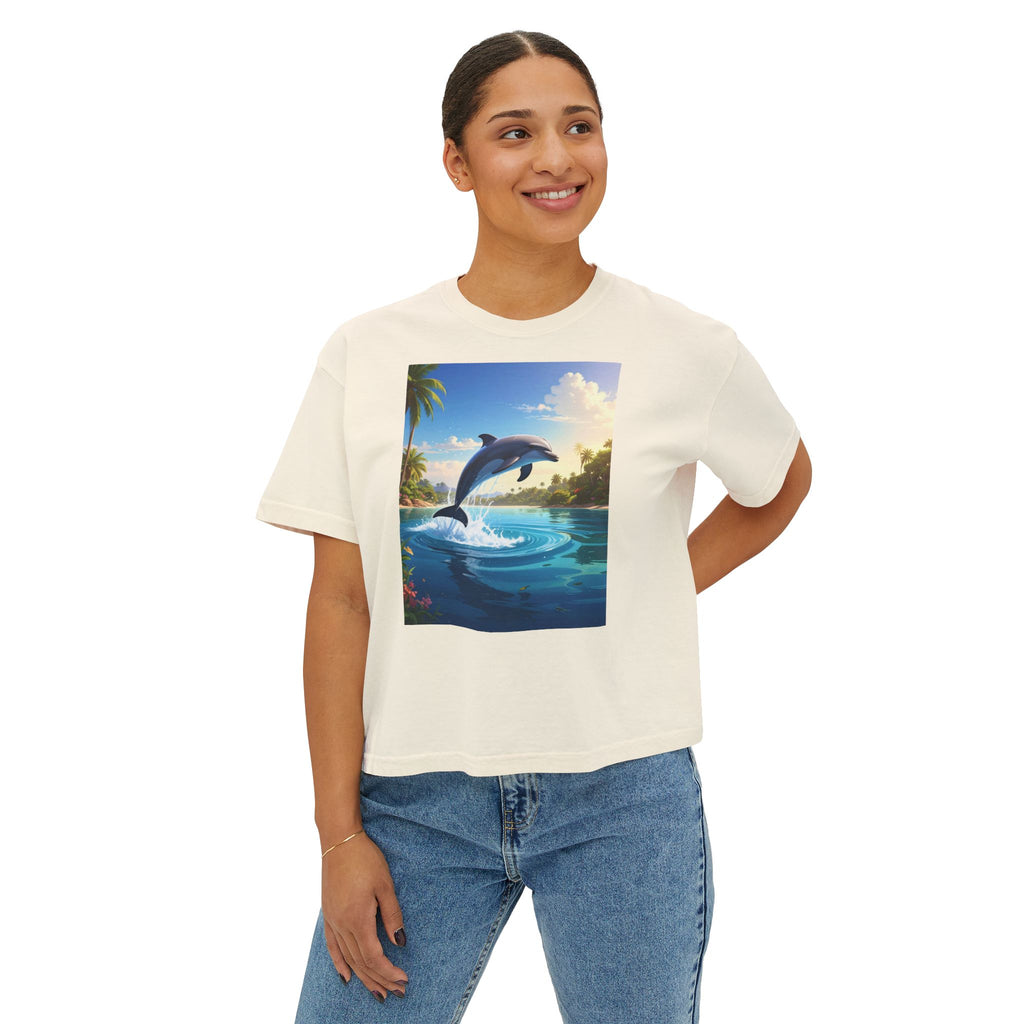 Dolphin Sunset Tee — Women's Boxy T‑Shirt, Tropical Ocean Jump Graphic