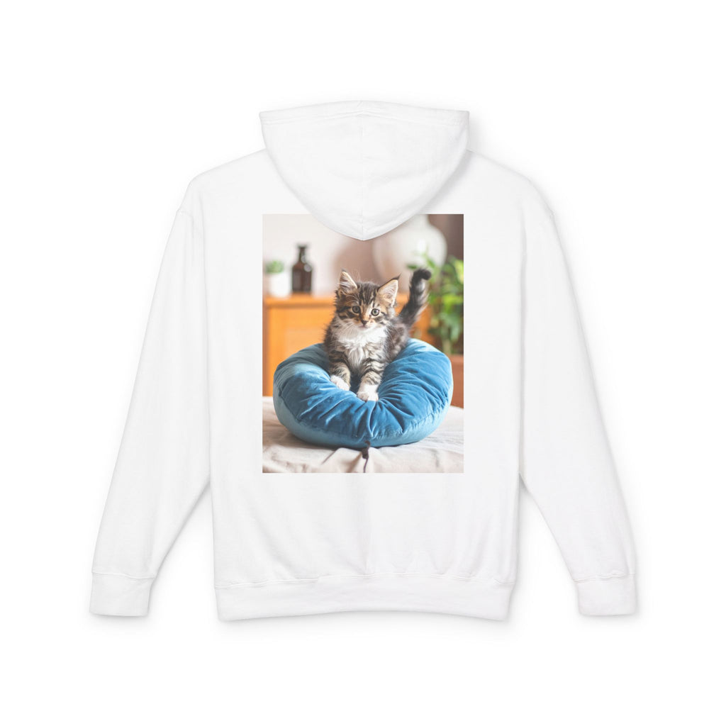 Kitten Photo Hoodie — Cozy Cat on Blue Cushion Pullover