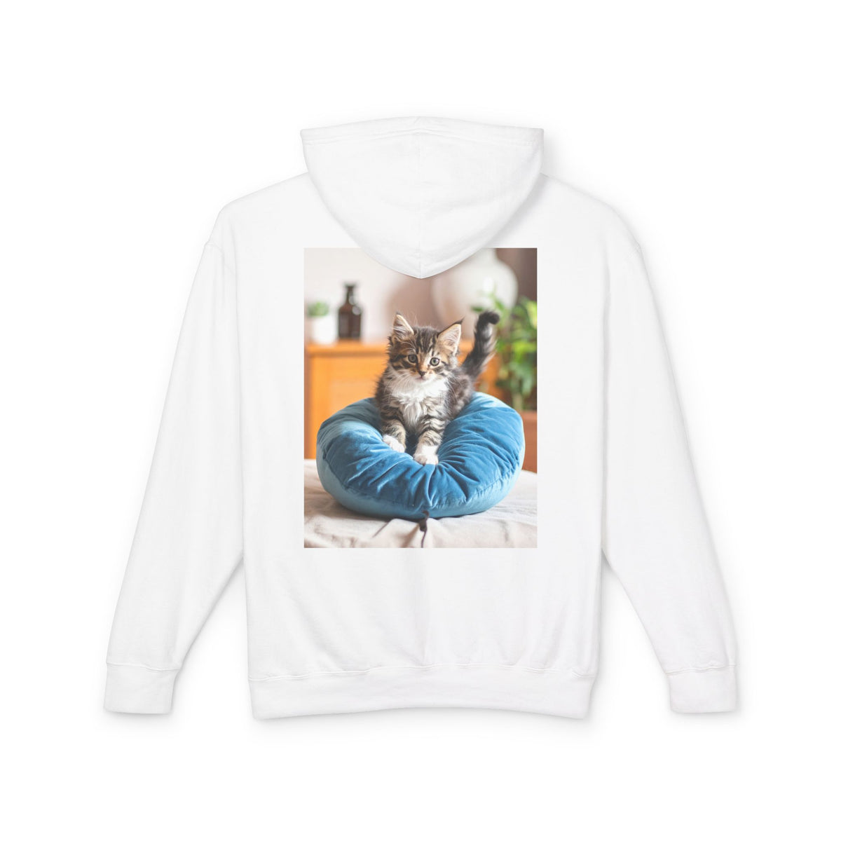 Kitten Photo Hoodie — Cozy Cat on Blue Cushion Pullover