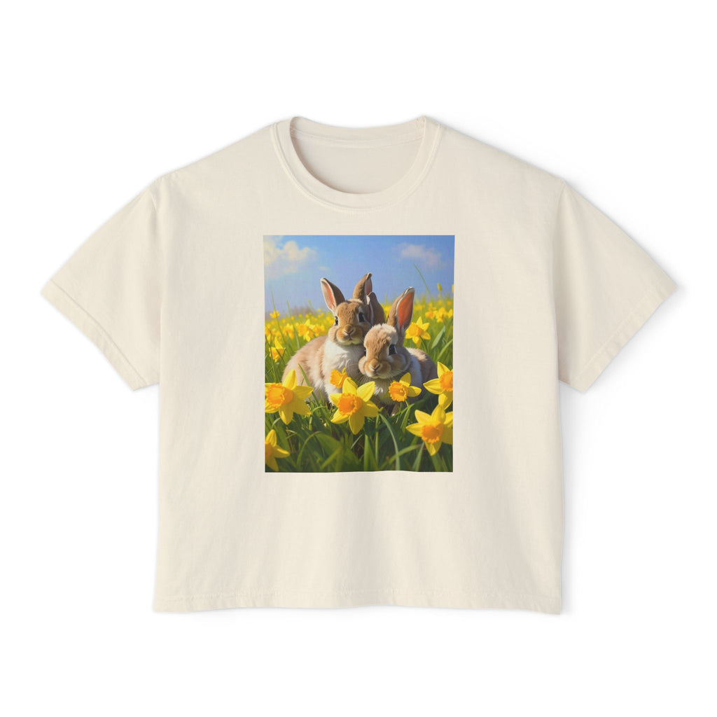Bunny & Daffodils Women's Boxy Tee — Cute Spring Rabbit Graphic Shirt