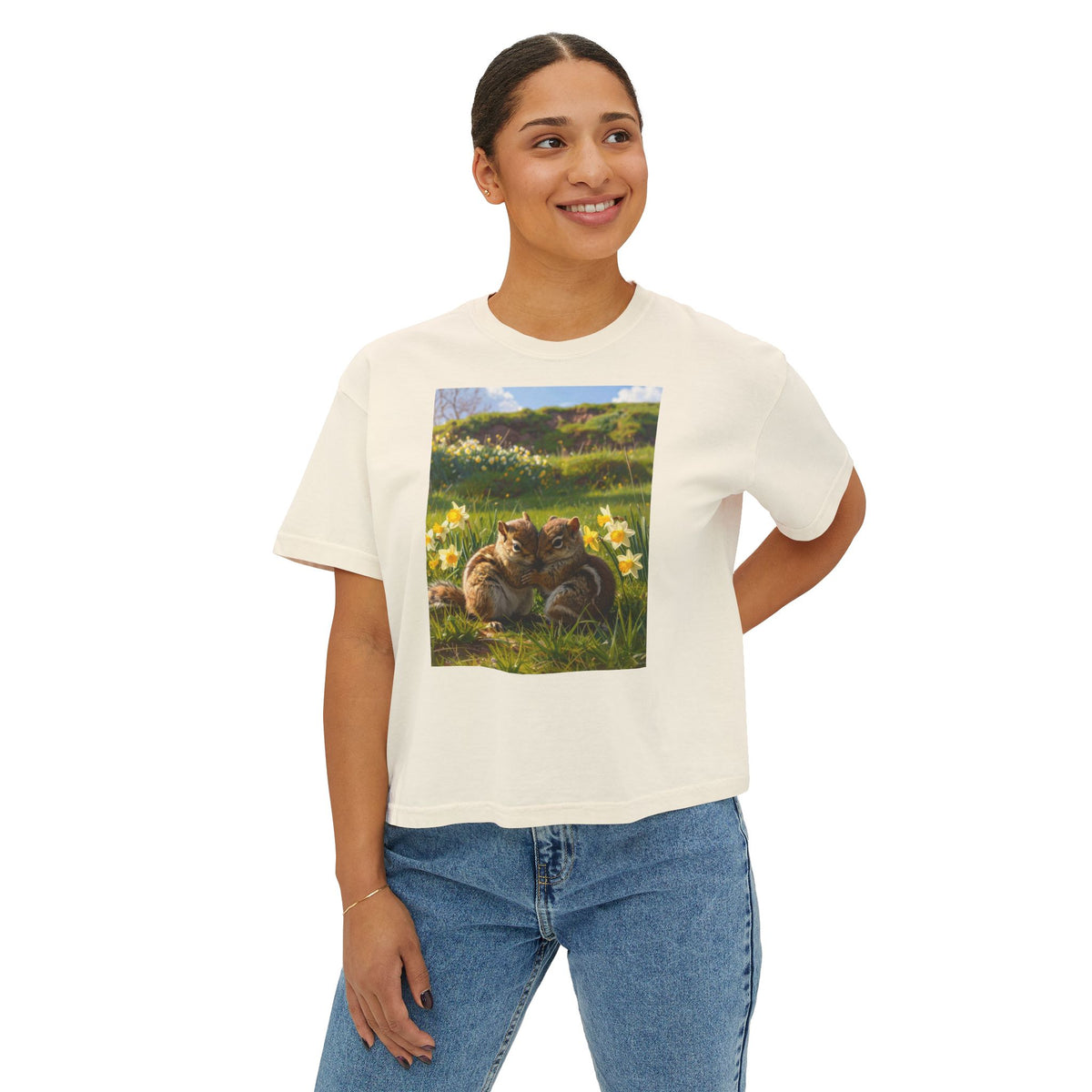 Cute Chipmunks Cuddle Tee — Cozy Spring Chipmunks' Graphic Women's Boxy Tee