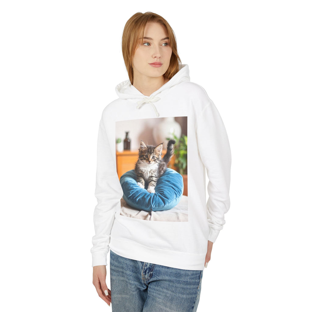 Kitten Photo Hoodie — Cozy Cat on Blue Cushion Pullover