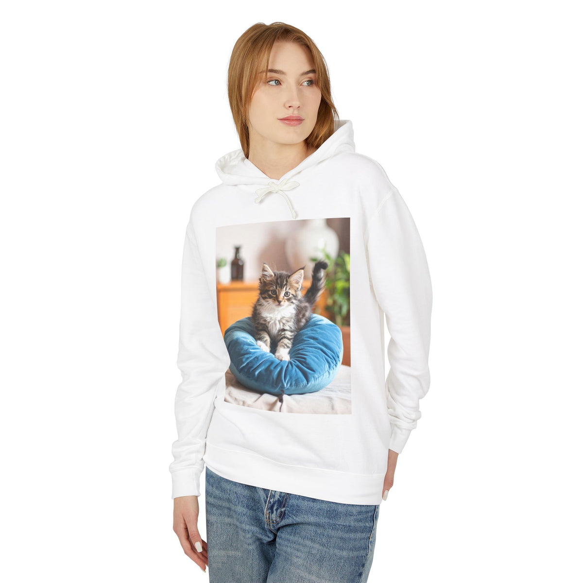 Kitten Photo Hoodie — Cozy Cat on Blue Cushion Pullover