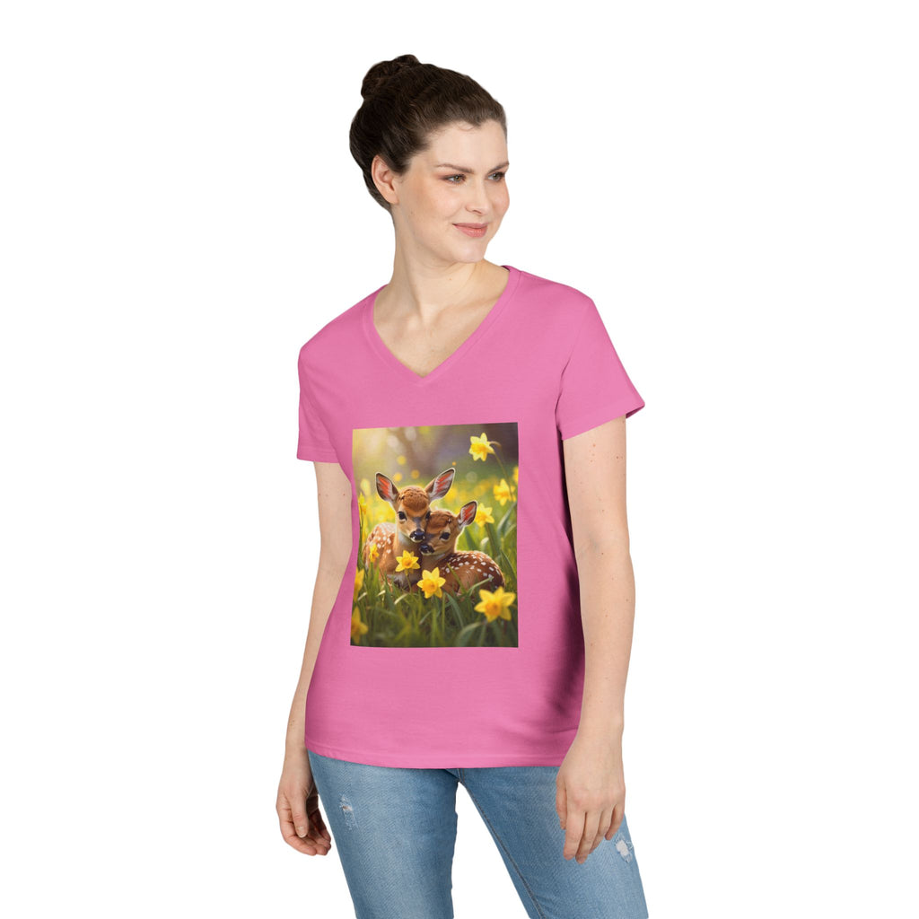 Spring Fawn V-Neck T-Shirt — Cute Baby Deer with Daffodils
