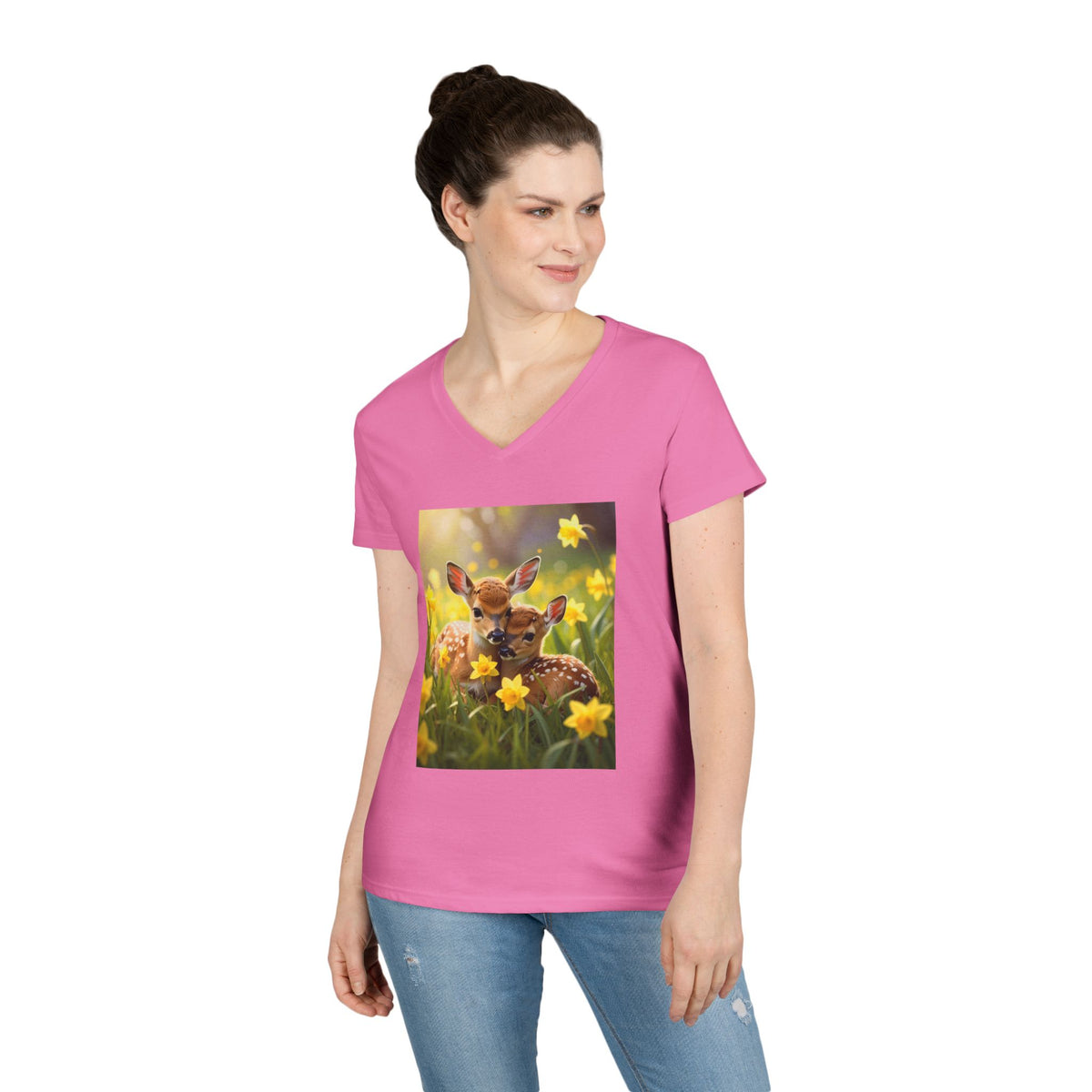Spring Fawn V-Neck T-Shirt — Cute Baby Deer with Daffodils