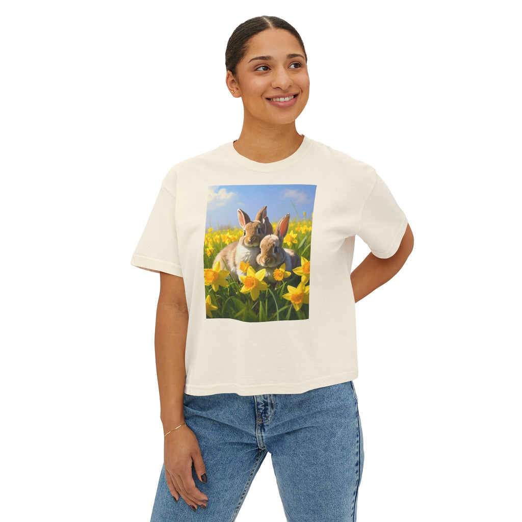 Bunny & Daffodils Women's Boxy Tee — Cute Spring Rabbit Graphic Shirt