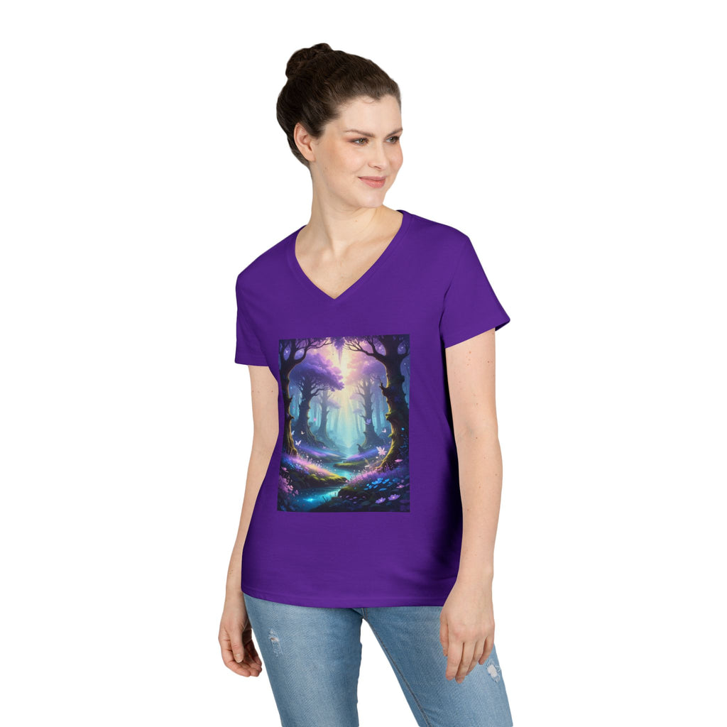 Mystical Forest V-Neck Tee — Enchanted Pathway Graphic for Women