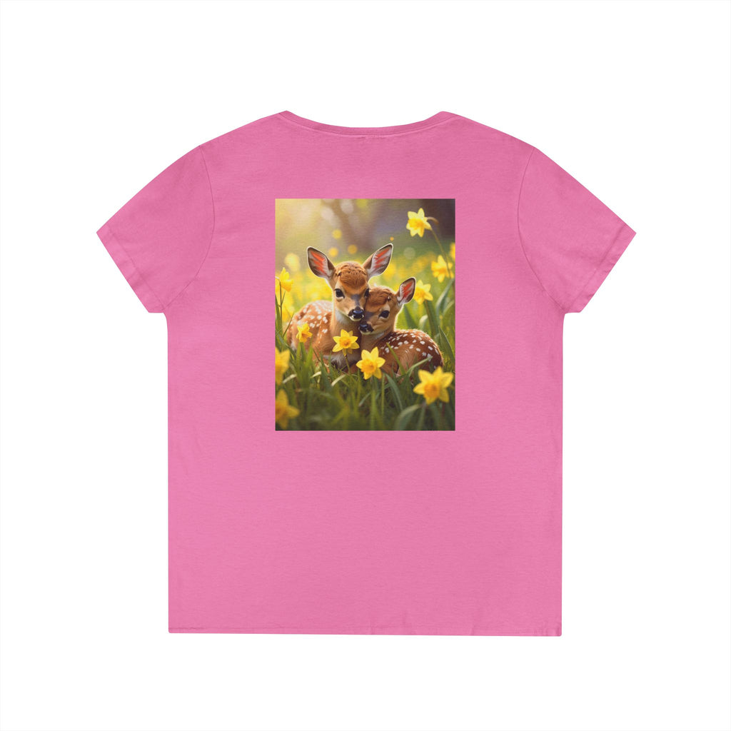 Spring Fawn V-Neck T-Shirt — Cute Baby Deer with Daffodils